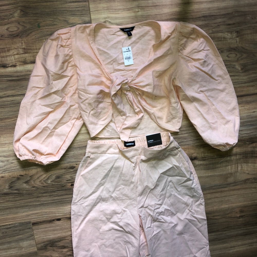 Express pink linen tie blouse top nwt